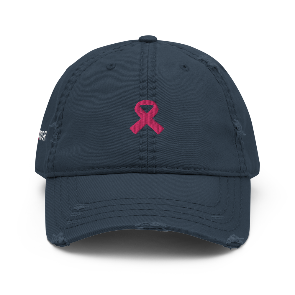 Embroidered Pink Ribbon Warrior: Breast Cancer Support Distressed Dad Cap