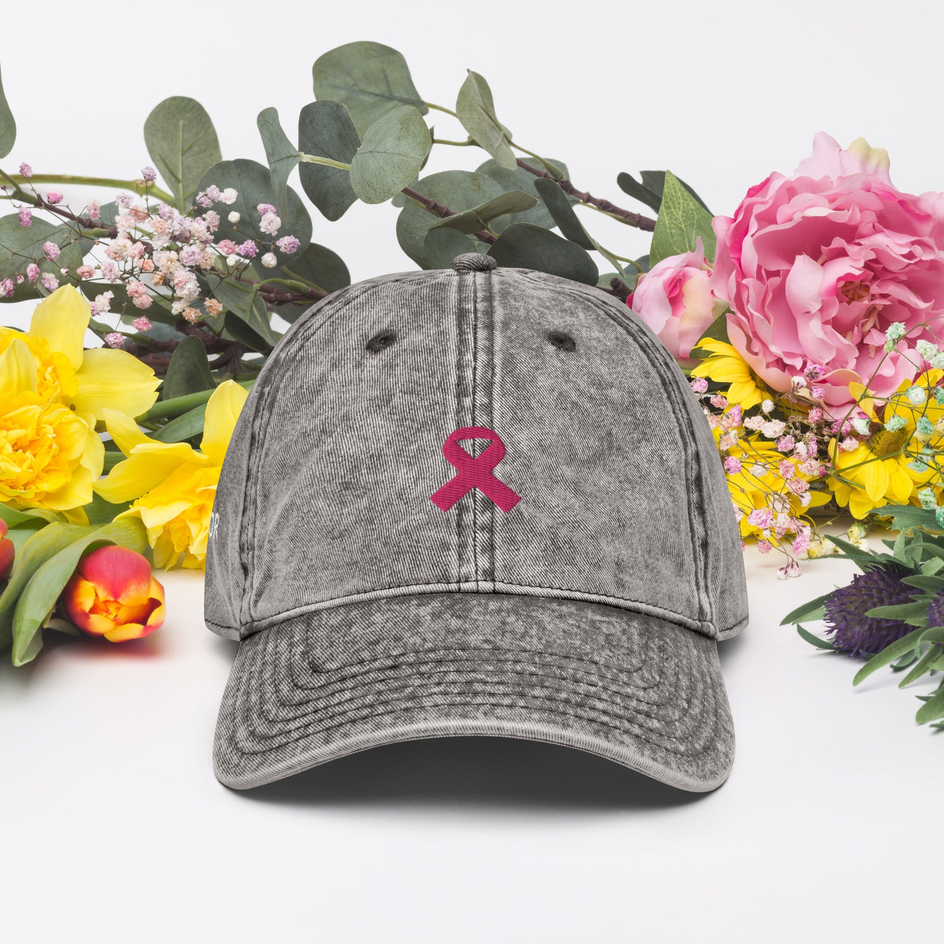 Embroidered Pink Ribbon Warrior: Breast Cancer Support - Vintage Cotton Twill Cap